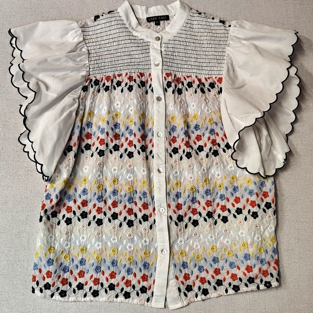 Boho Chic Floral Embroidered Cotton Scalloped Flutter Sleeve Blouse M